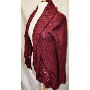C0 NY Collection Open Drape Front burgundy Sweater Cardigan Crocheted Loose Knit